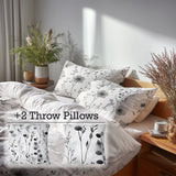Floral Bedding Set 5 Pcs - Grey Flowers Meadow Duvet Cover And Throw Pillow Set