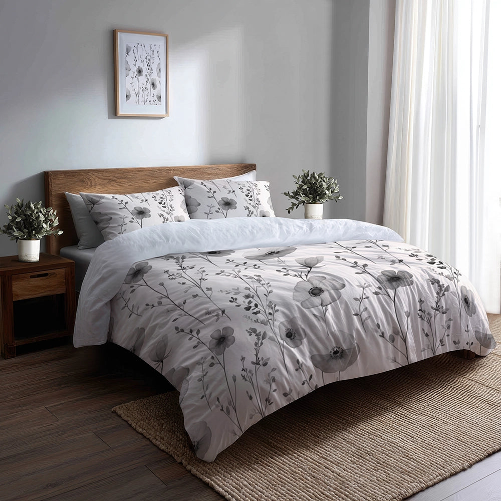 Floral Bedding Set 5 Pcs - Grey Flowers Meadow Duvet Cover And Throw Pillow Set