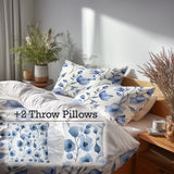 Country / Farmhouse Bedding Set of 5 - Bluebell Shade Flowers Duvet Cover And Throw Cushion Set