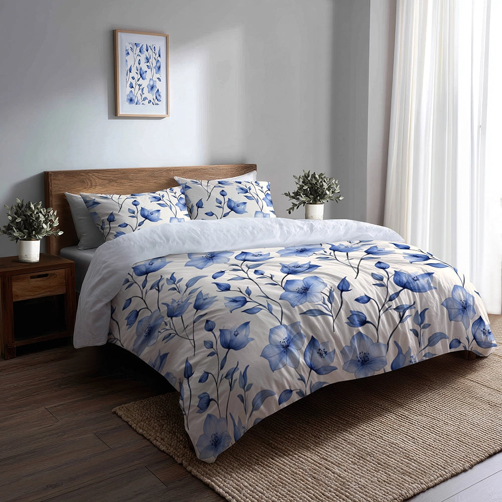 Country / Farmhouse Bedding Set of 5 - Bluebell Shade Flowers Duvet Cover And Throw Cushion Set