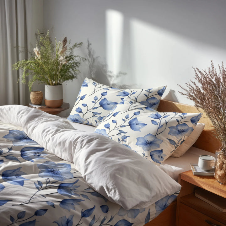 Country / Farmhouse Bedding Set of 5 - Bluebell Shade Flowers Duvet Cover And Throw Cushion Set