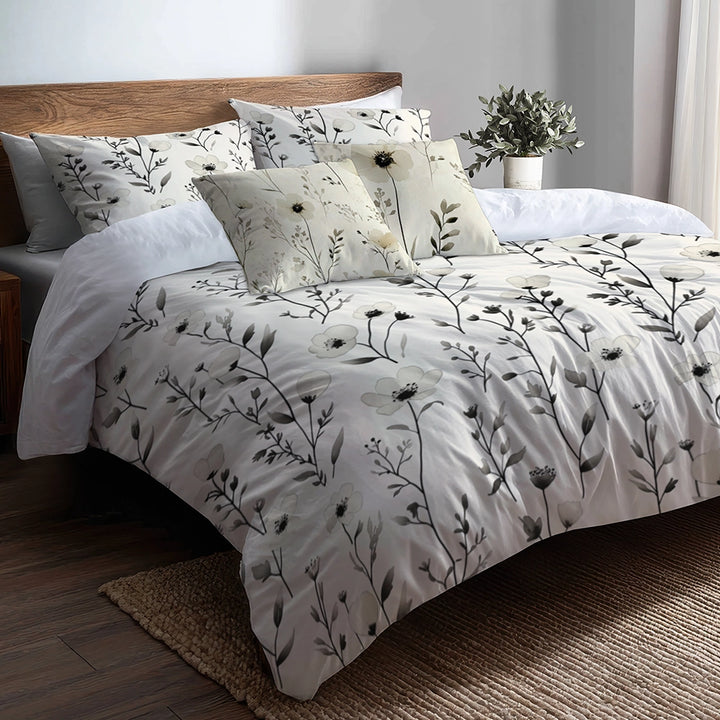 Country / Farmhouse Bedding Set - Ivory Meadowline Duvet Cover And Cushion Set