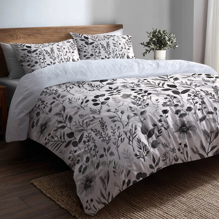 Country / Farmhouse 3 Pcs Bedding Set - Soft Charcoal Garden Duvet Cover with Shams