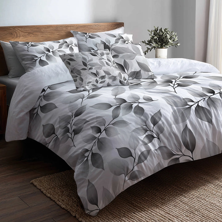 Floral 5 Pcs Bedding Set - Grey Wild Petals Duvet Cover And Pillow Set