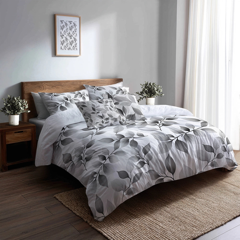 Floral 5 Pcs Bedding Set - Grey Wild Petals Duvet Cover And Pillow Set