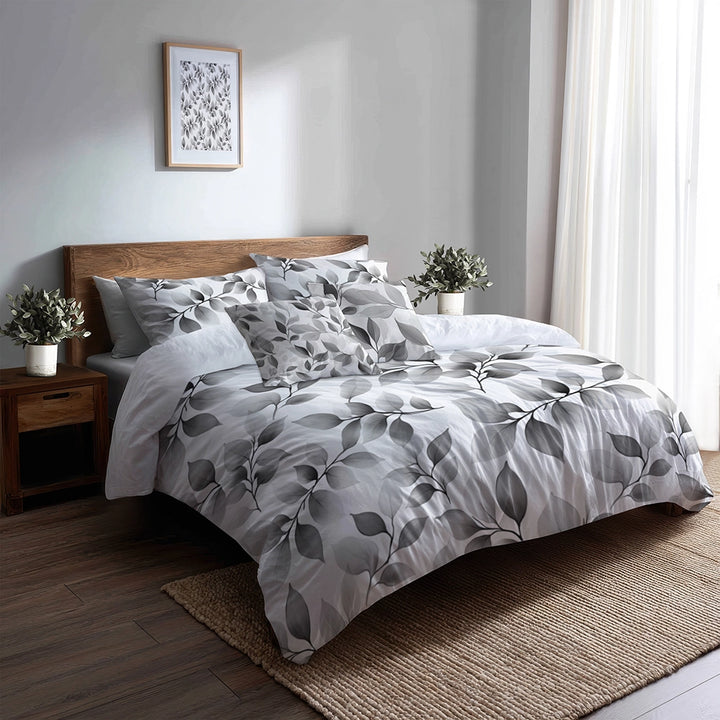 Floral 5 Pcs Bedding Set - Grey Wild Petals Duvet Cover And Pillow Set