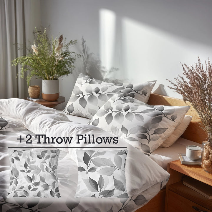 Floral 5 Pcs Bedding Set - Grey Wild Petals Duvet Cover And Pillow Set