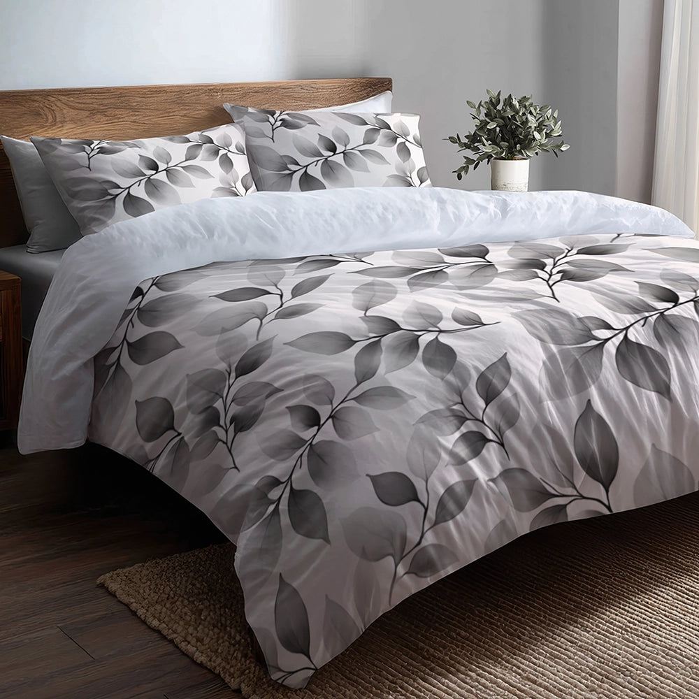 Floral 5 Pcs Bedding Set - Grey Wild Petals Duvet Cover And Pillow Set