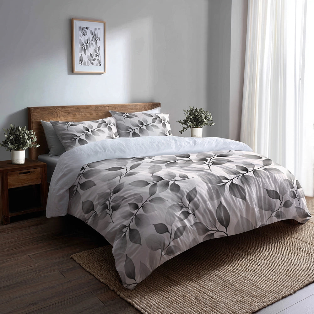 Floral 5 Pcs Bedding Set - Grey Wild Petals Duvet Cover And Pillow Set