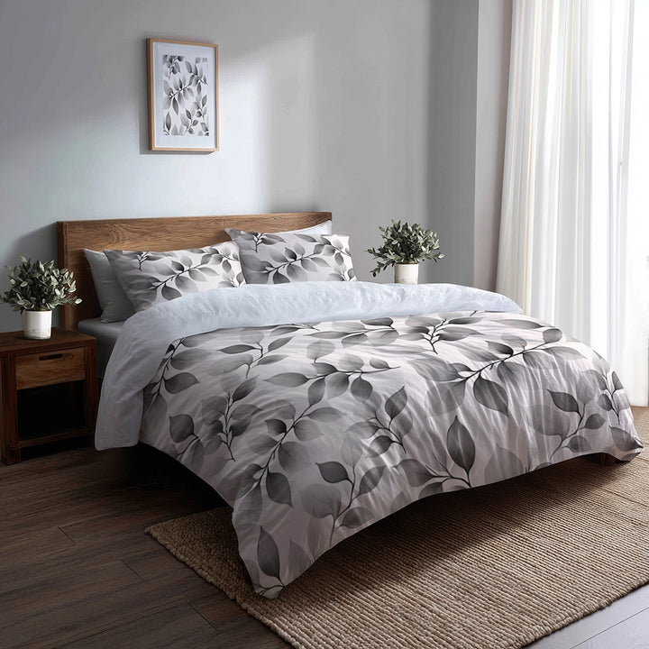 Floral 5 Pcs Bedding Set - Grey Wild Petals Duvet Cover And Pillow Set