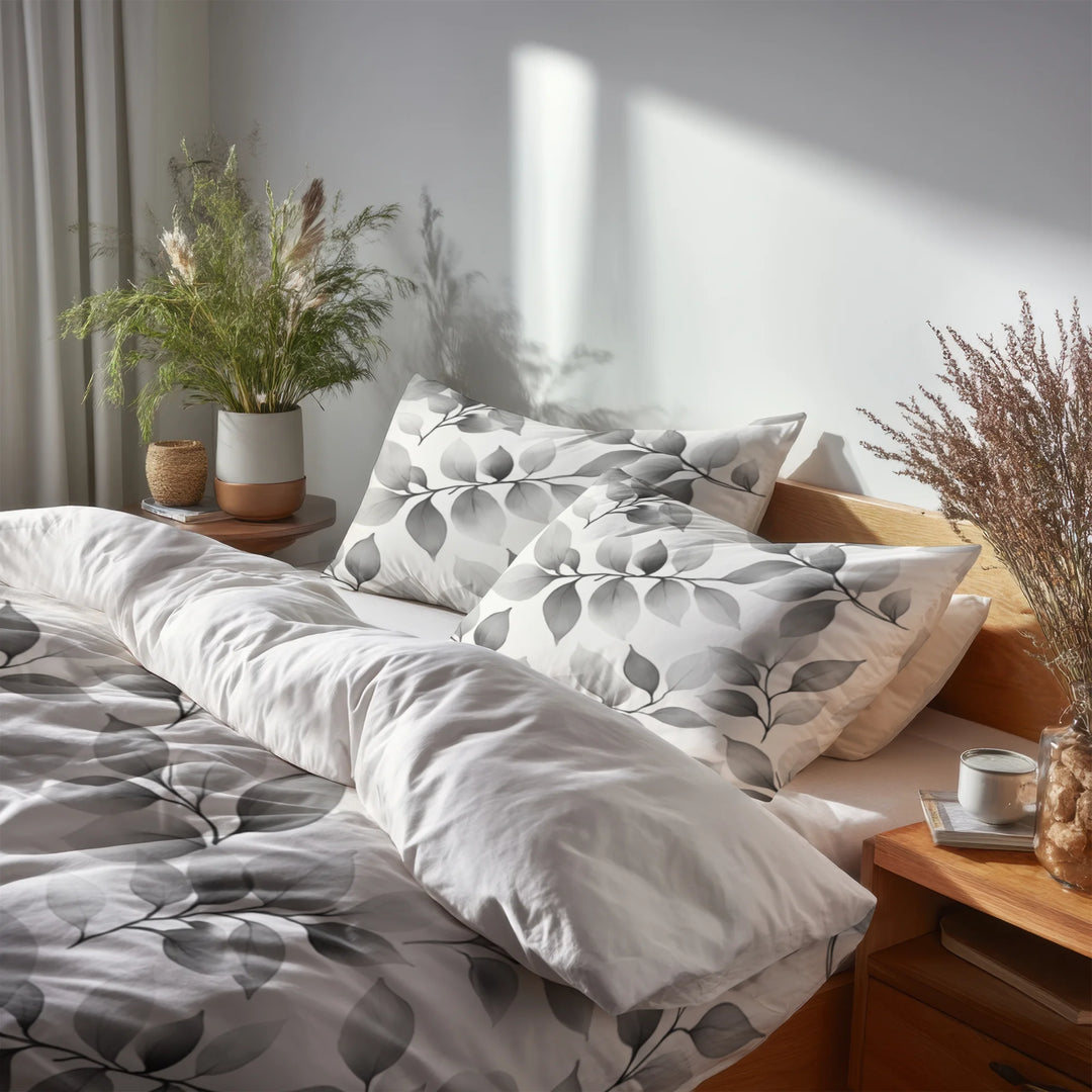 Floral 5 Pcs Bedding Set - Grey Wild Petals Duvet Cover And Pillow Set