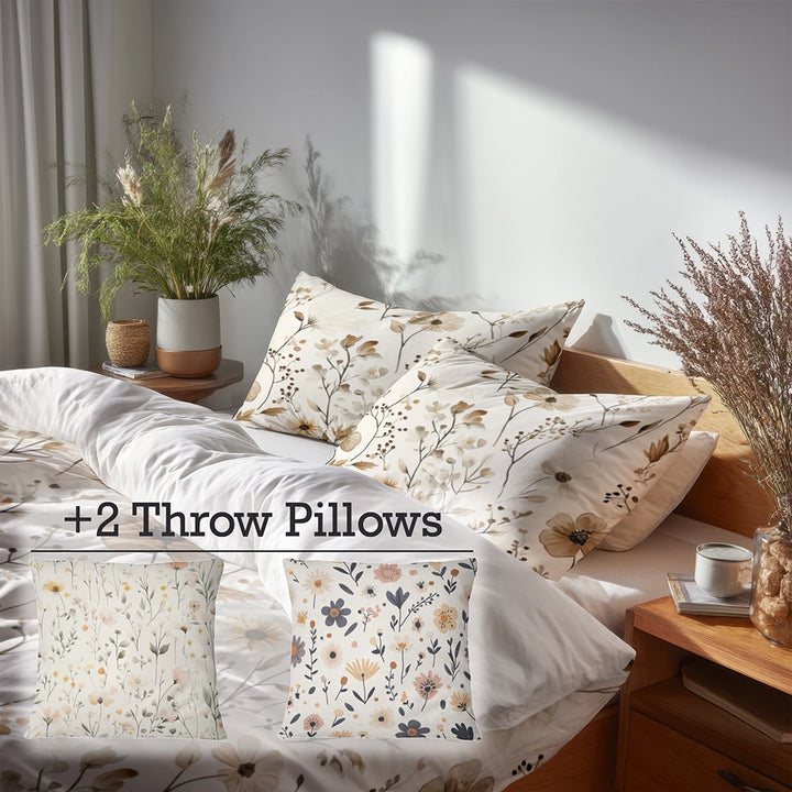 Country / Farmhouse Bedding Set of 5 - Faded Soil Florals Duvet Cover And Throw Cushion Set