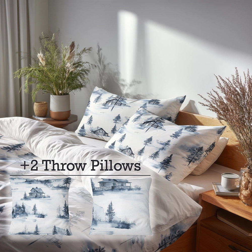 No Pattern 5 Pcs Bedding Set - Winter Rustic Cabin In The Woods Duvet Cover And Pillow Set