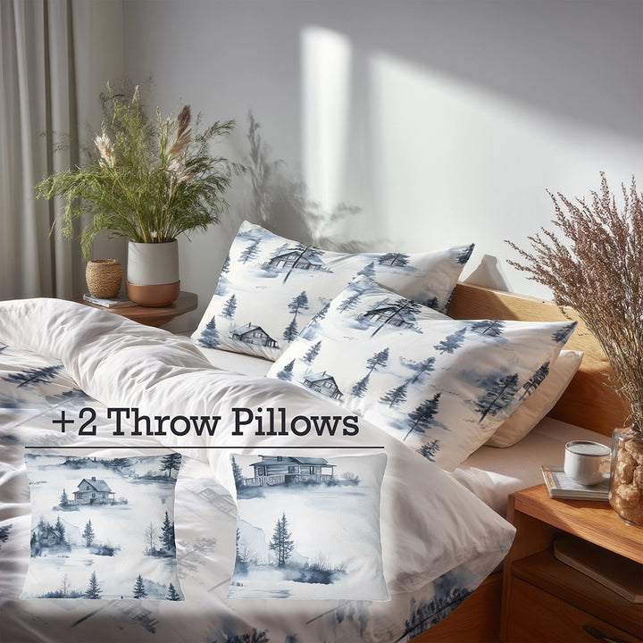 No Pattern 5 Pcs Bedding Set - Winter Rustic Cabin In The Woods Duvet Cover And Pillow Set