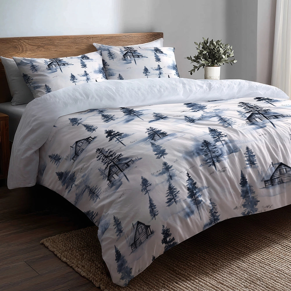No Pattern 5 Pcs Bedding Set - Winter Rustic Cabin In The Woods Duvet Cover And Pillow Set