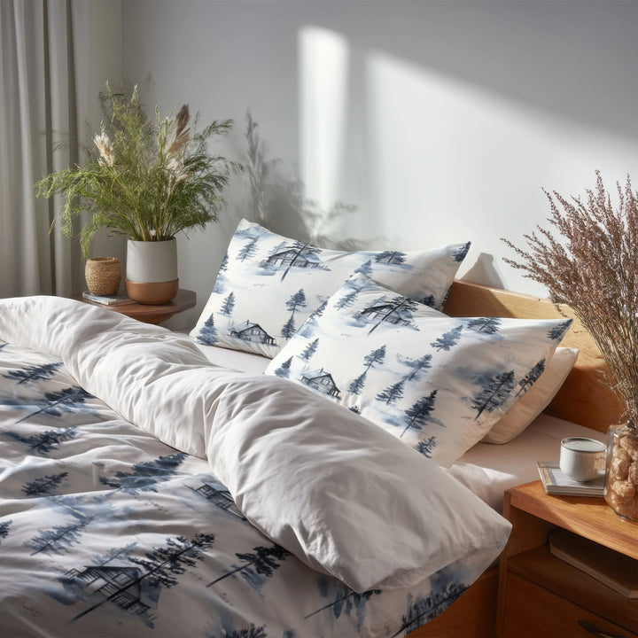 No Pattern 5 Pcs Bedding Set - Winter Rustic Cabin In The Woods Duvet Cover And Pillow Set