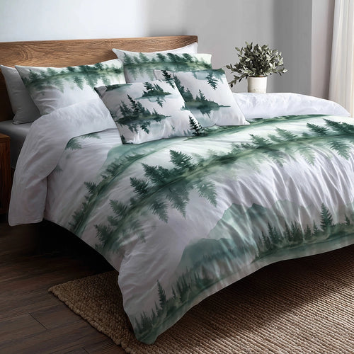 Rustic / Lodge Bedding Set of 5 - Hazy Pine Trees Reflection Duvet Cover And Throw Cushion Set