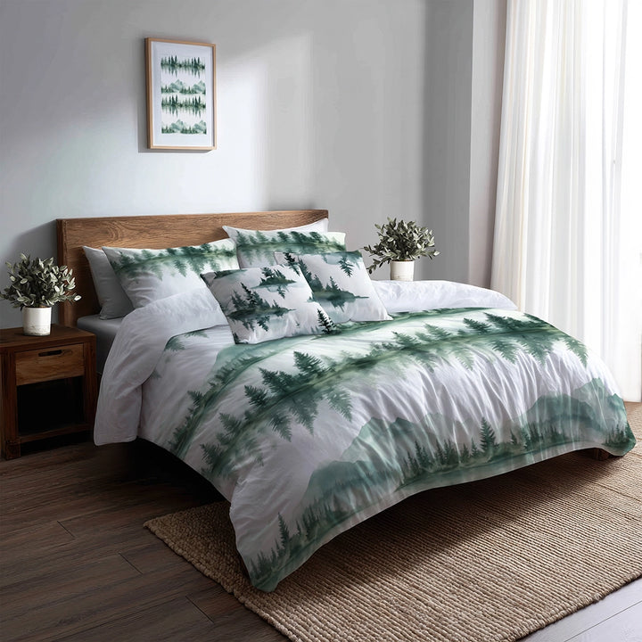 Rustic / Lodge Bedding Set of 5 - Hazy Pine Trees Reflection Duvet Cover And Throw Cushion Set