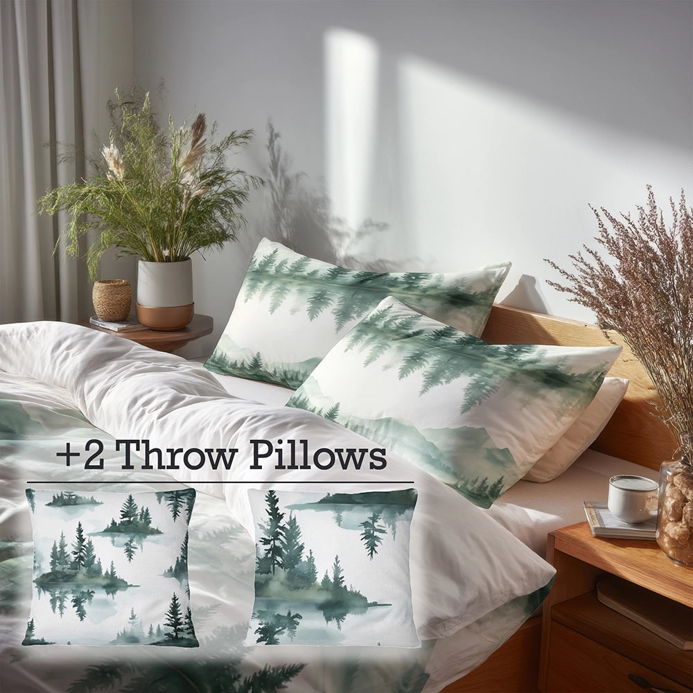 Rustic / Lodge Bedding Set of 5 - Hazy Pine Trees Reflection Duvet Cover And Throw Cushion Set