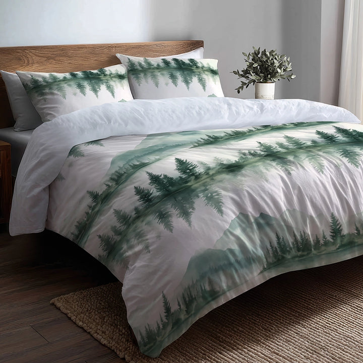 Rustic / Lodge Bedding Set of 5 - Hazy Pine Trees Reflection Duvet Cover And Throw Cushion Set