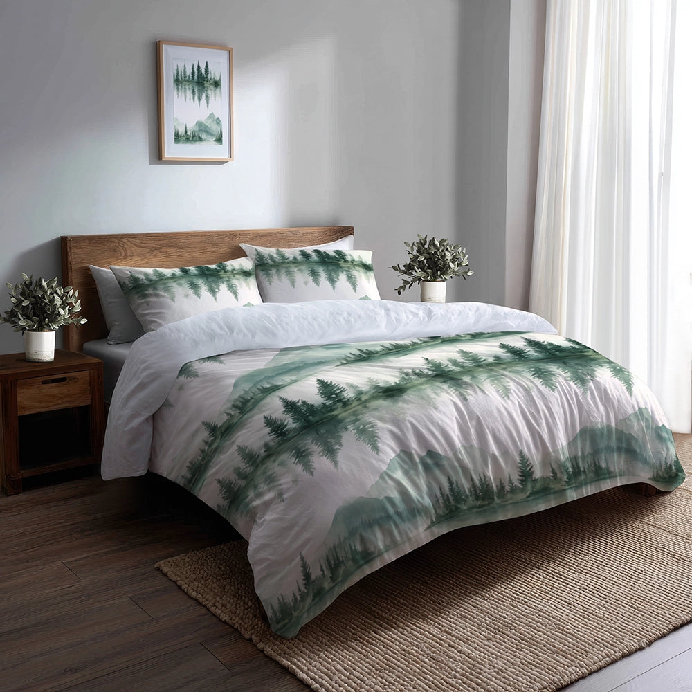 Rustic / Lodge Bedding Set of 5 - Hazy Pine Trees Reflection Duvet Cover And Throw Cushion Set