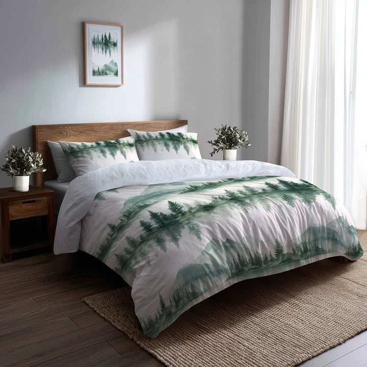 Rustic / Lodge Bedding Set of 5 - Hazy Pine Trees Reflection Duvet Cover And Throw Cushion Set