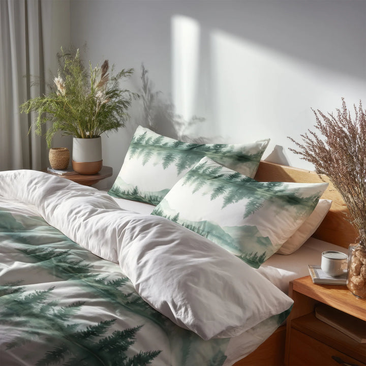 Rustic / Lodge Bedding Set of 5 - Hazy Pine Trees Reflection Duvet Cover And Throw Cushion Set