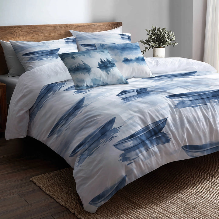 Vintage Look Duvet Cover Set of 5 - Rustic Lake Mist Bedding And Throw Pillow Set