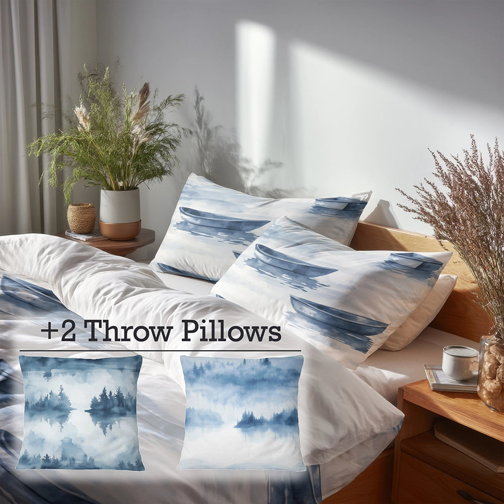 Vintage Look Duvet Cover Set of 5 - Rustic Lake Mist Bedding And Throw Pillow Set