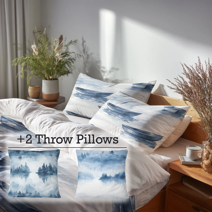 Vintage Look Duvet Cover Set of 5 - Rustic Lake Mist Bedding And Throw Pillow Set