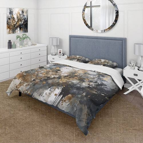 Grey Gold Delicate Abstract Brushstrokes V - Duvet Cover Set