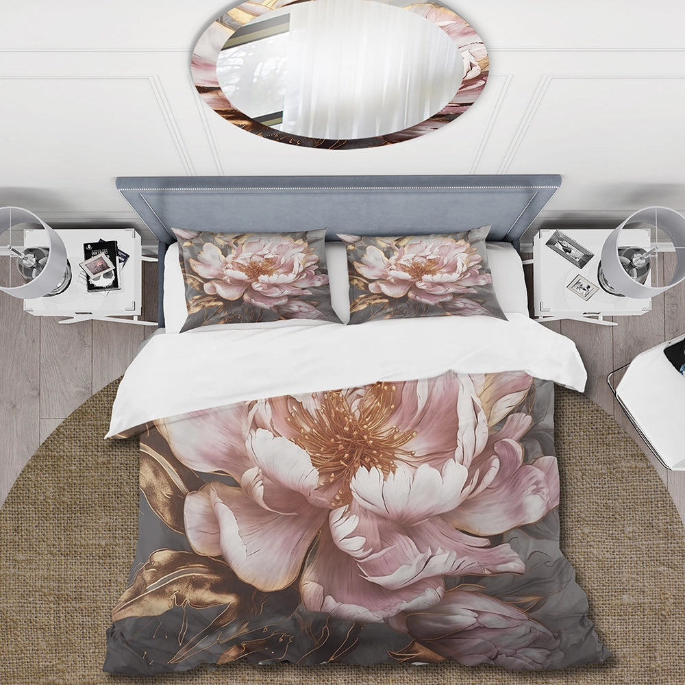 Pink Gold Peonies Petals - Duvet Cover Set