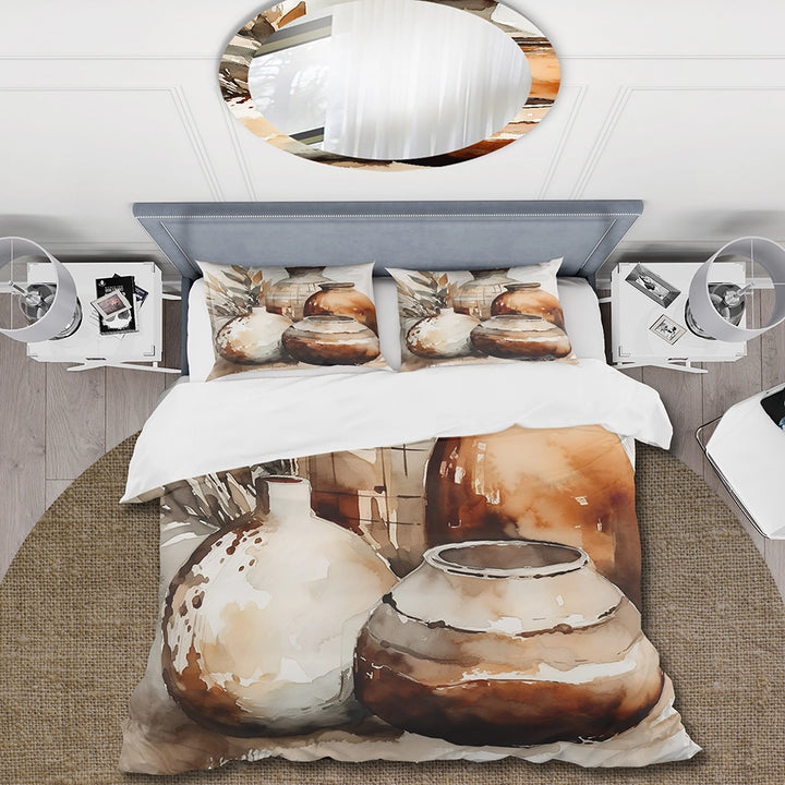 Brown And Cream Earthen Elegant Vase I - Duvet Cover Set