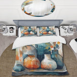 Blue And Orange Artisanal Boho Pottery I - Duvet Cover Set