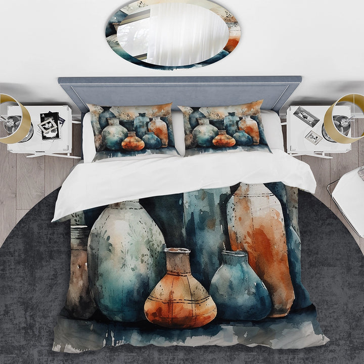Blue And Orange Artisanal Boho Pottery II - Duvet Cover Set