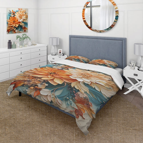 Orange Teal Botanical Whirlwind I - Duvet Cover Set