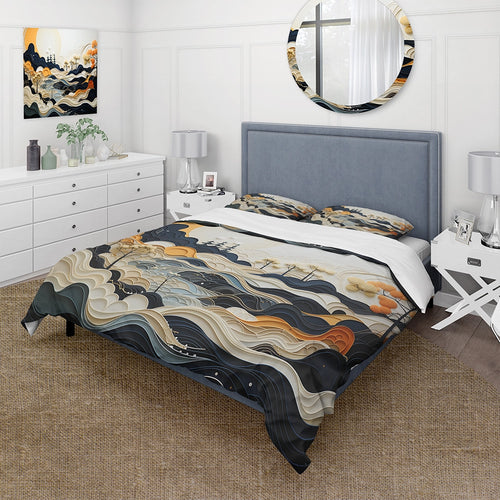 Grey Orange Line Art Landscape - Duvet Cover Set