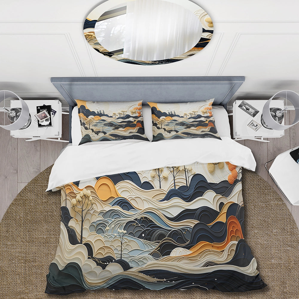 Grey Orange Line Art Landscape - Duvet Cover Set