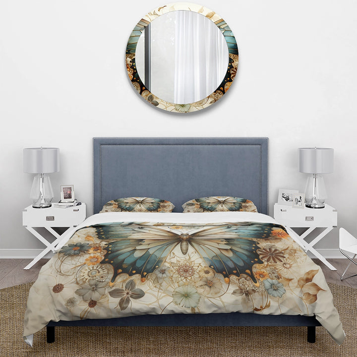 Teal Beige Butterfly Intricate Patterns - Duvet Cover Set
