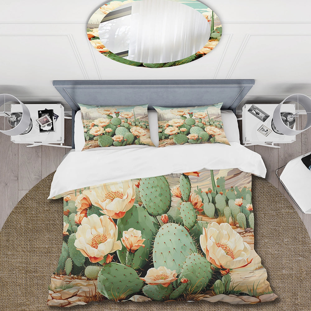 Coral Green Cactus Desert Blooms Pointillism IV - Duvet Cover Set