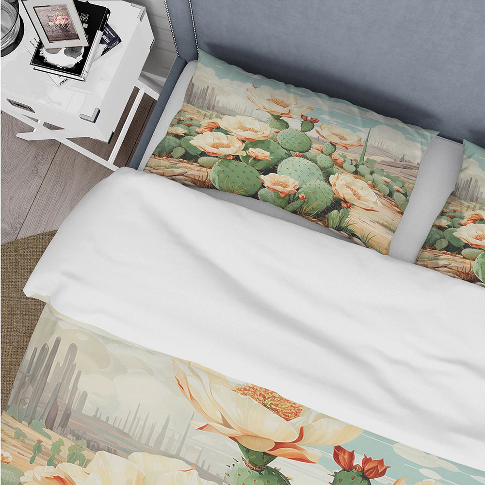 Coral Green Cactus Desert Blooms Pointillism IV - Duvet Cover Set