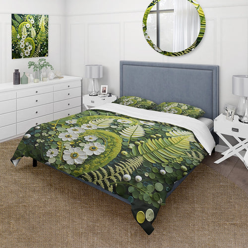 Light Green Ferns Plant Whimsical Spirals I - Duvet Cover Set