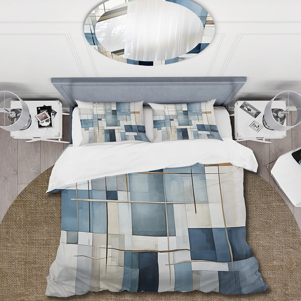 Blue Grey Line Art Abstract Geometrics I - Duvet Cover Set