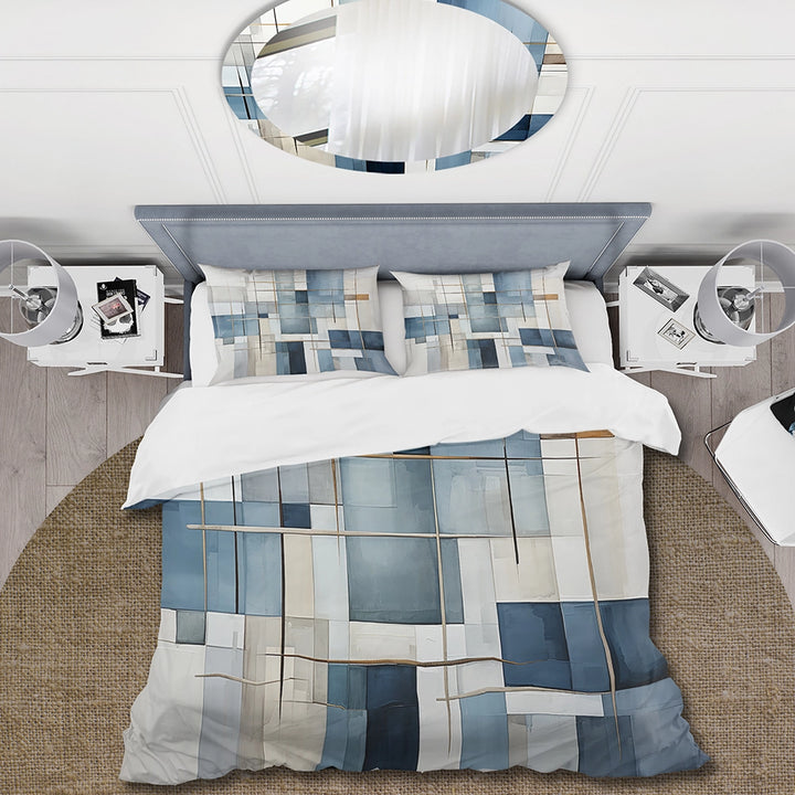 Blue Grey Line Art Abstract Geometrics I - Duvet Cover Set