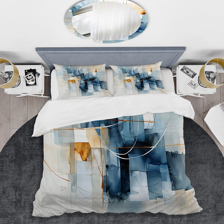 Blue Grey Line Art Abstract Geometrics II - Duvet Cover Set
