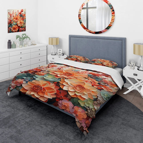 Orange Pink Succulents Flowers I - Duvet Cover Set