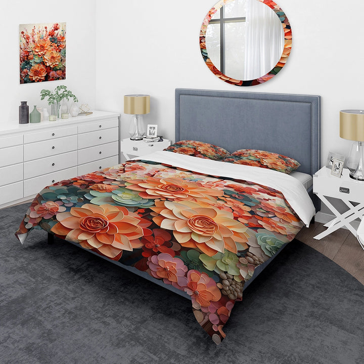 Orange Pink Succulents Flowers I - Duvet Cover Set