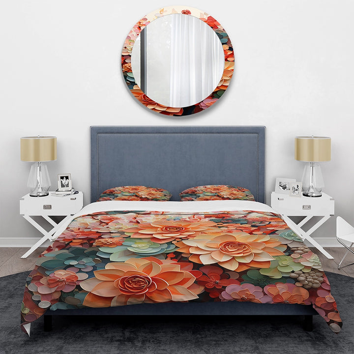 Orange Pink Succulents Flowers I - Duvet Cover Set