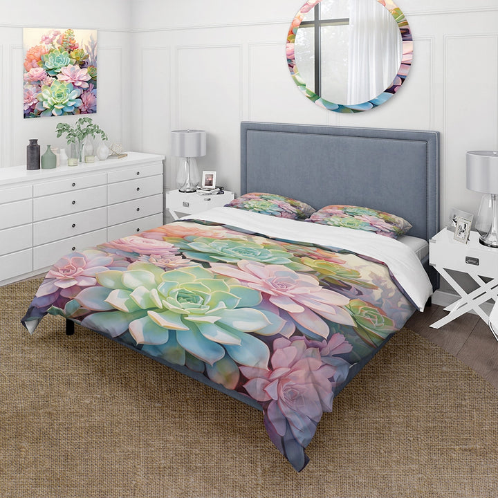 Green Pink Succulents Succulent Serenade - Duvet Cover Set