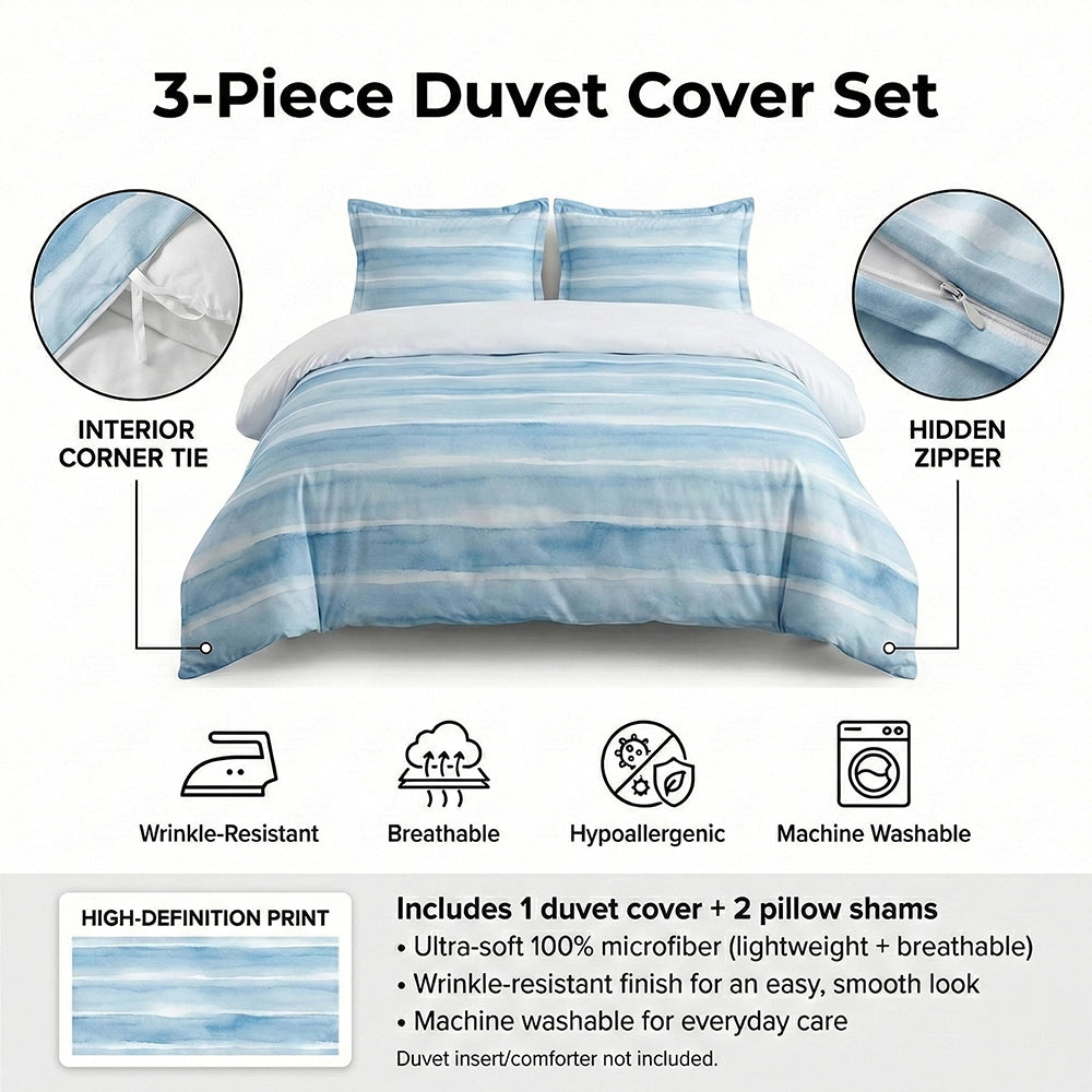 Modern Bedding Set of 5 - Dash Flow Silver Blue Duvet Cover And Throw Pillow Set